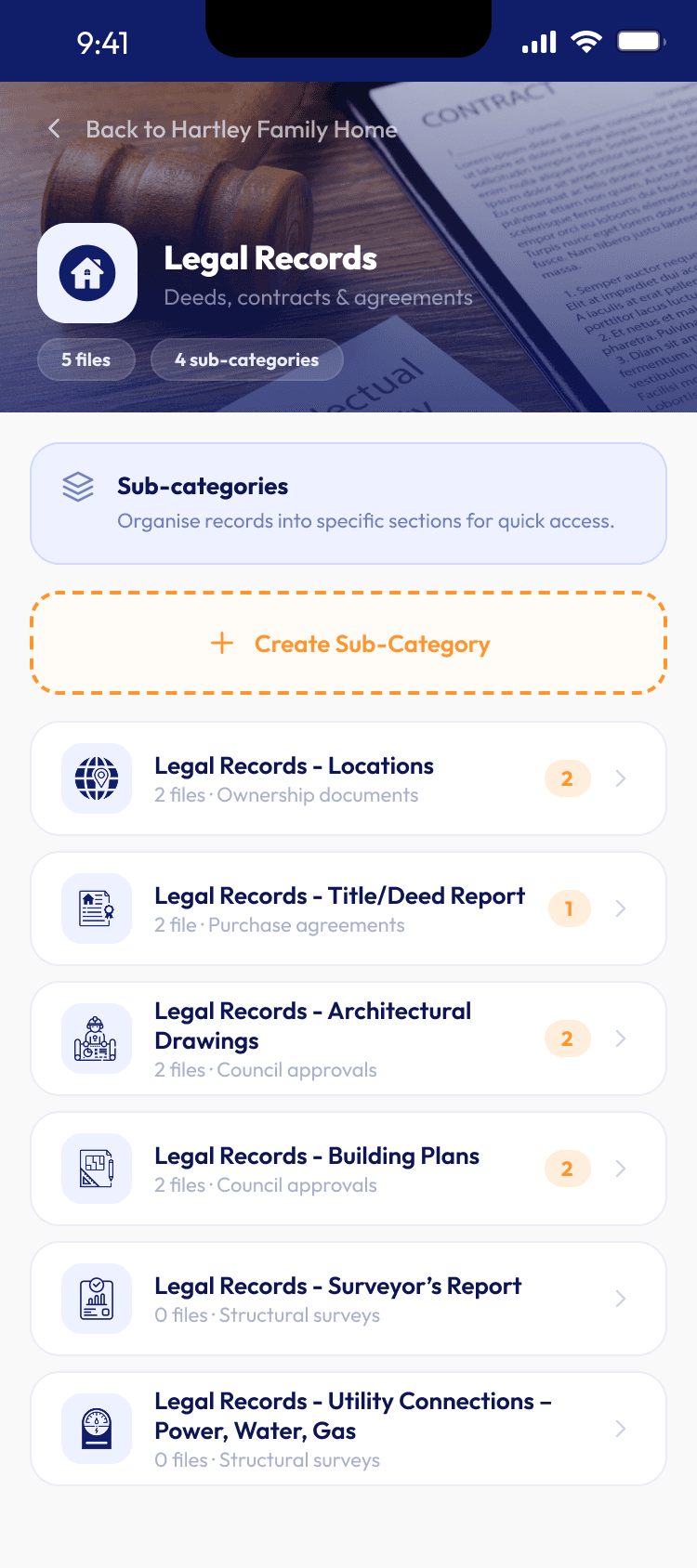 Legal Records detail screen with sub-categories