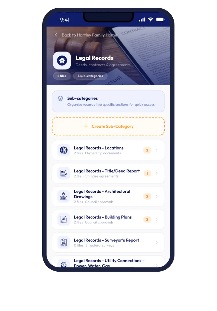House Records Legal Records screen with sub-categories